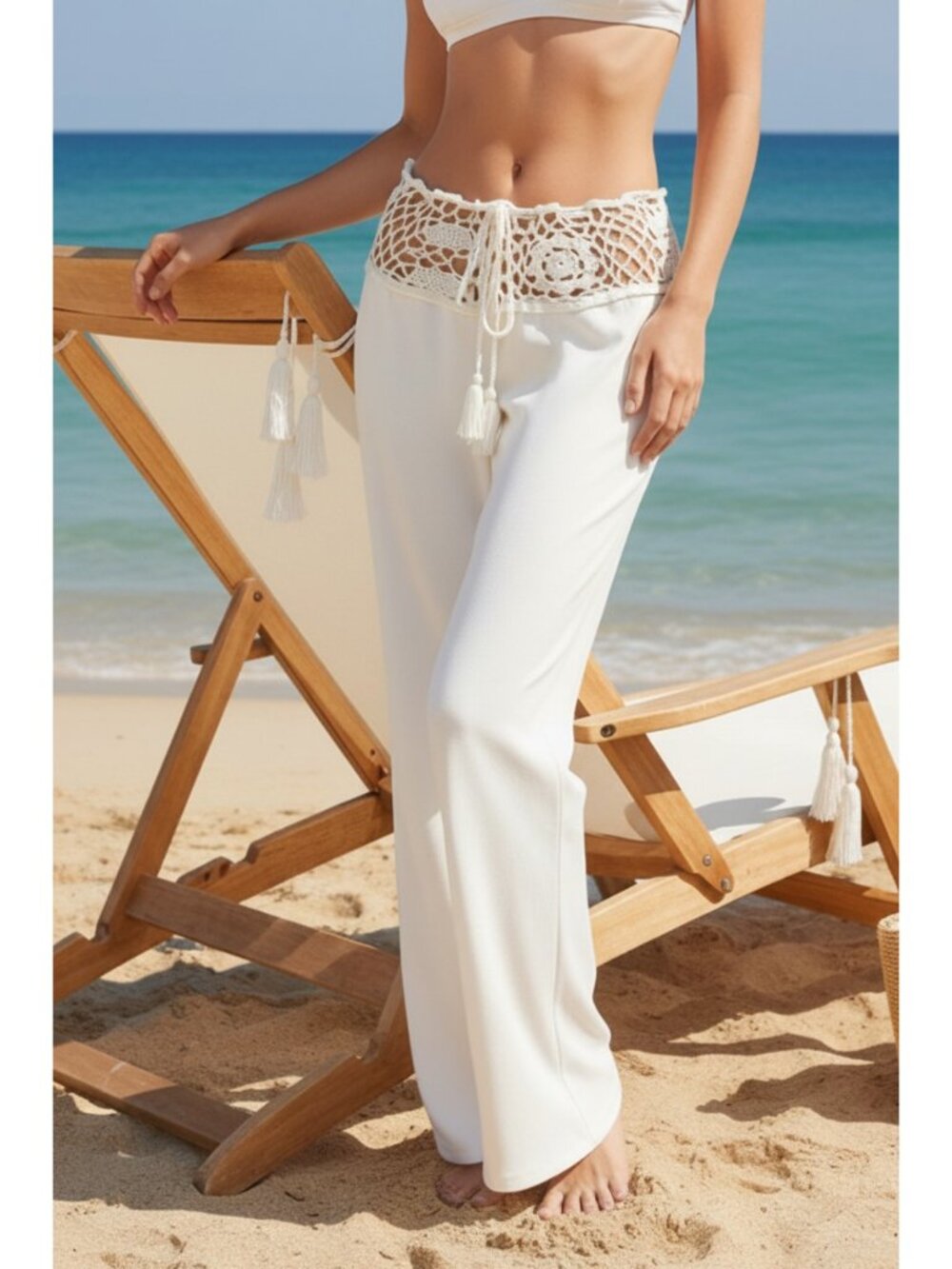 Granny Crochet Tassel Tie Waist Relaxed Lightweight Swim Cover-Up Wide Leg Pants